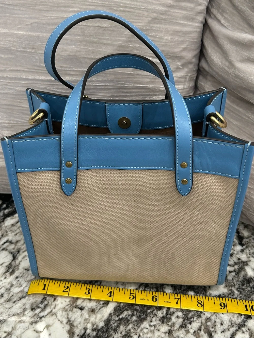 Coach Beige Canvas Tote with Sky Blue Leather Trim